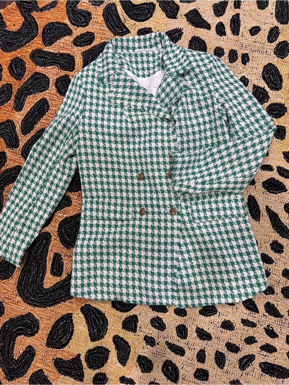 Sunday Green & White Houndstooth Double-Breasted Blazer